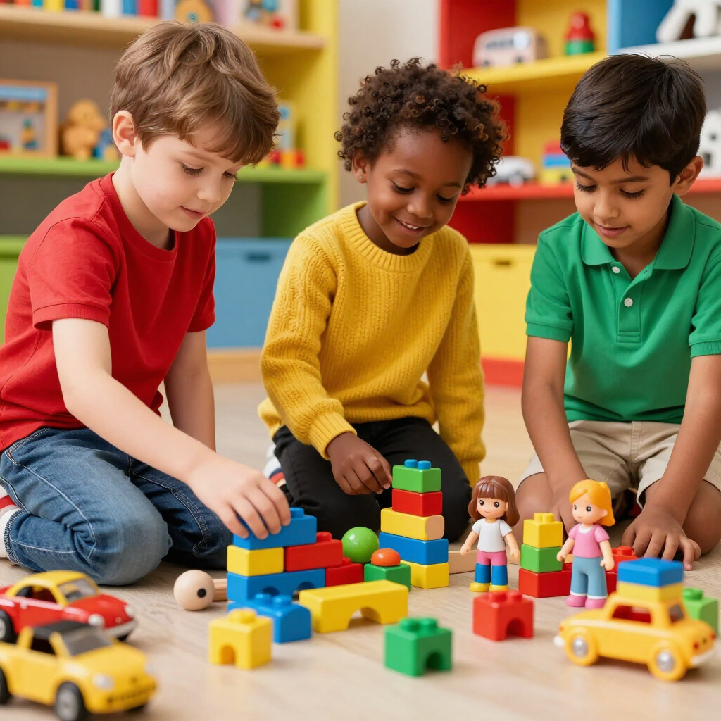 Tres niños juegan con bloques de colores, muñecas y coches de juguete en el suelo de una sala de juegos.