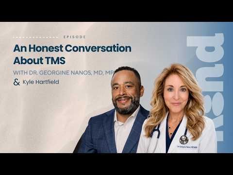 Podcast cover: “An Honest Conversation About TMS” with two doctors in business and white coats on a blue background