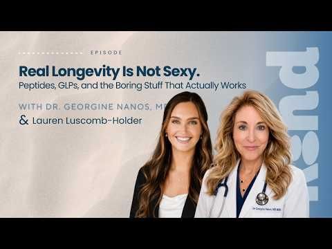 Podcast promo with two women smiling beside the title “Real Longevity Is Not Sexy.”