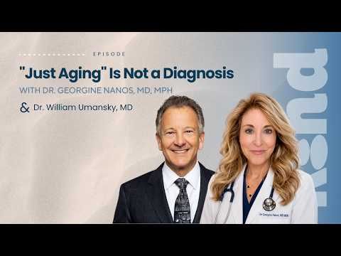 Promotional banner for “Just Aging Is Not a Diagnosis” featuring two doctors on a blue-and-white background