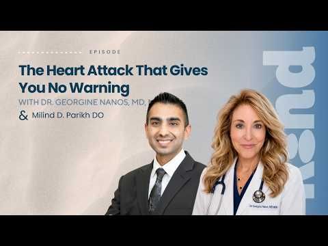 Promo graphic for “The Heart Attack That Gives You No Warning” with two doctors on a blue background