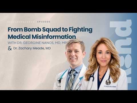 Promo graphic for “From Bomb Squad to Fighting Medical Misinformation” with two doctors in white coats and stethoscopes