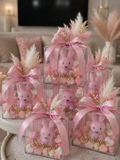 Roze babyshowercadeautasjes met konijntjesknuffels en bloemversieringen op een zachte, knusse achtergrond.