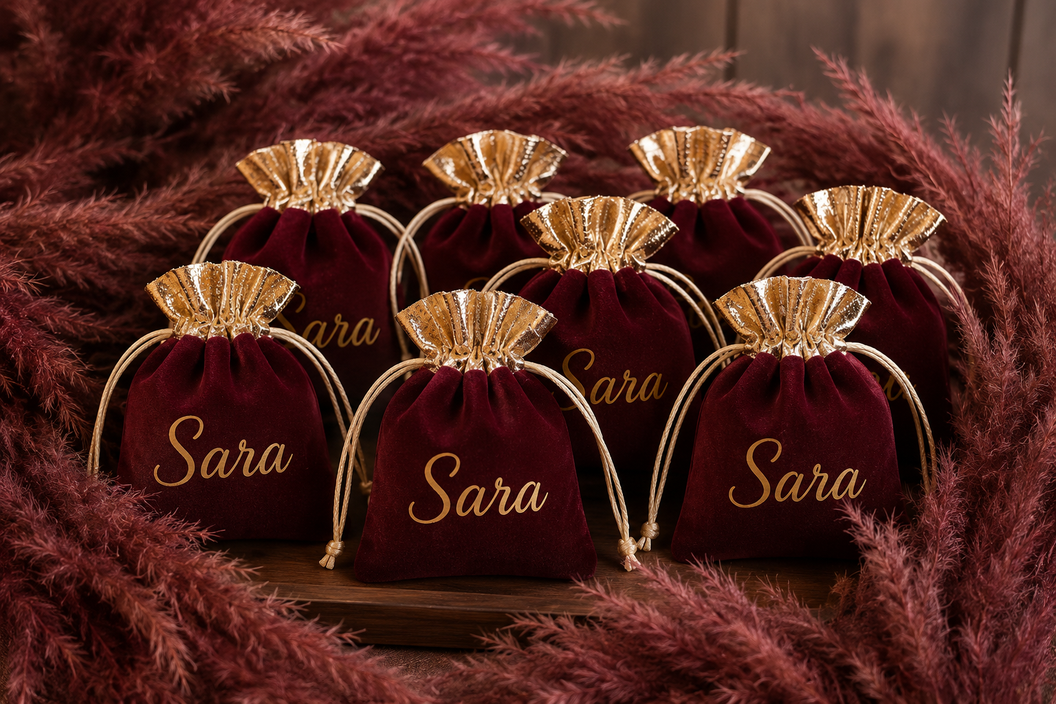 Bordeauxrode fluwelen cadeautasjes met gouden strikken en 