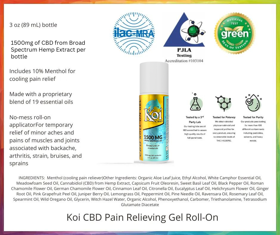 Koi CBD and Absolute Nature CBD balm and pain relieving gel rollon.