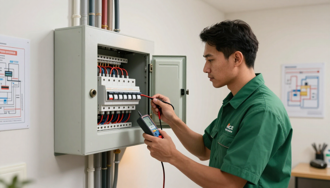 Electrician inspecting a residential electrical panel