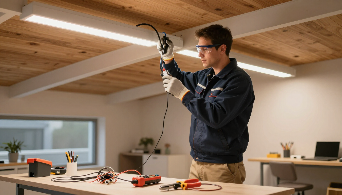 Commercial electrician installing modern lighting