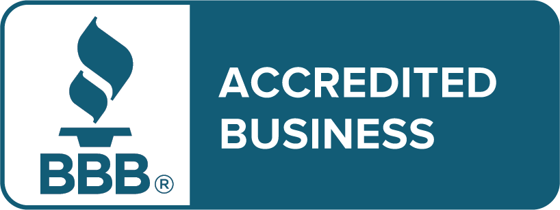BBB Accredited Business logo in blue and white with torch icon and text.