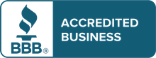 BBB Accredited Business logo in blue and white with torch icon and text.