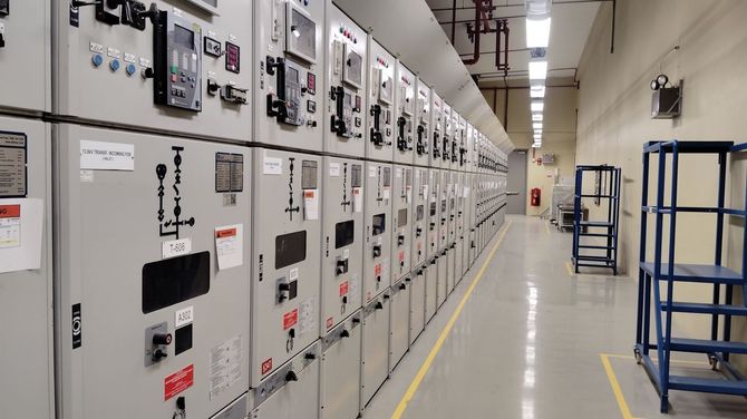 A technician in a blue shirt and white gloves works on the wiring inside an open electrical panel.