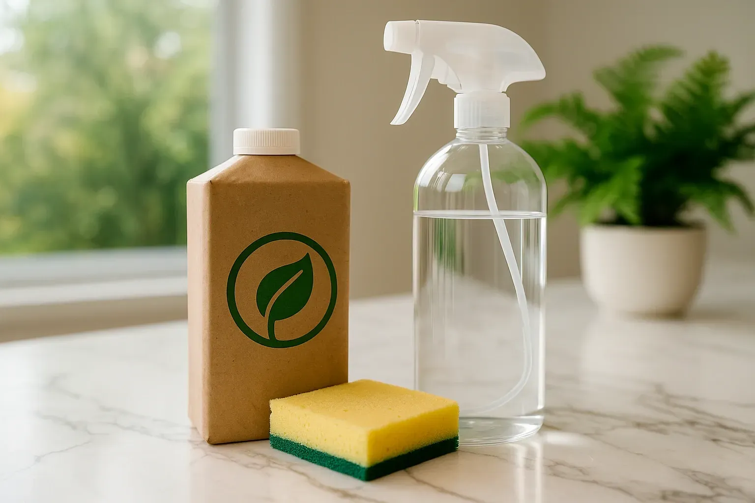 Brown bottle with leaf logo, spray bottle, sponge, and plant on a counter.