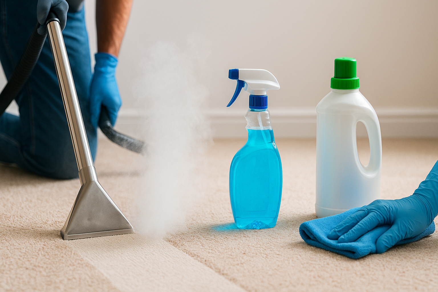 Person steam cleans carpet with machine, spray bottle and cleaning solution visible.
