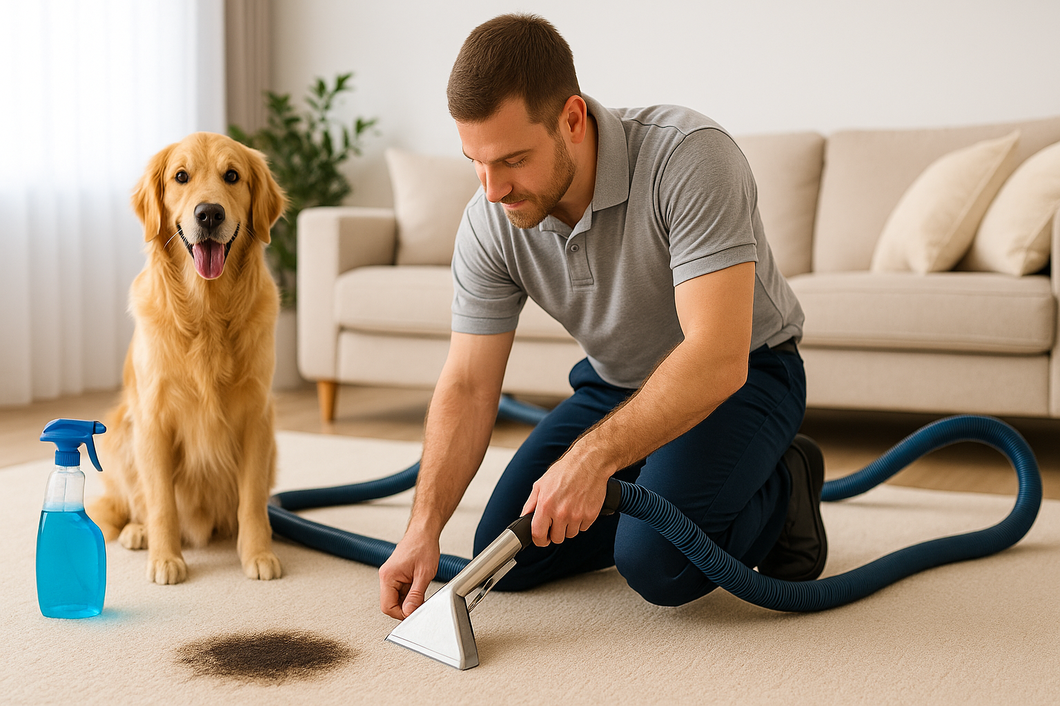 Man using carpet cleaner on a stain, golden retriever watching, spray bottle nearby.