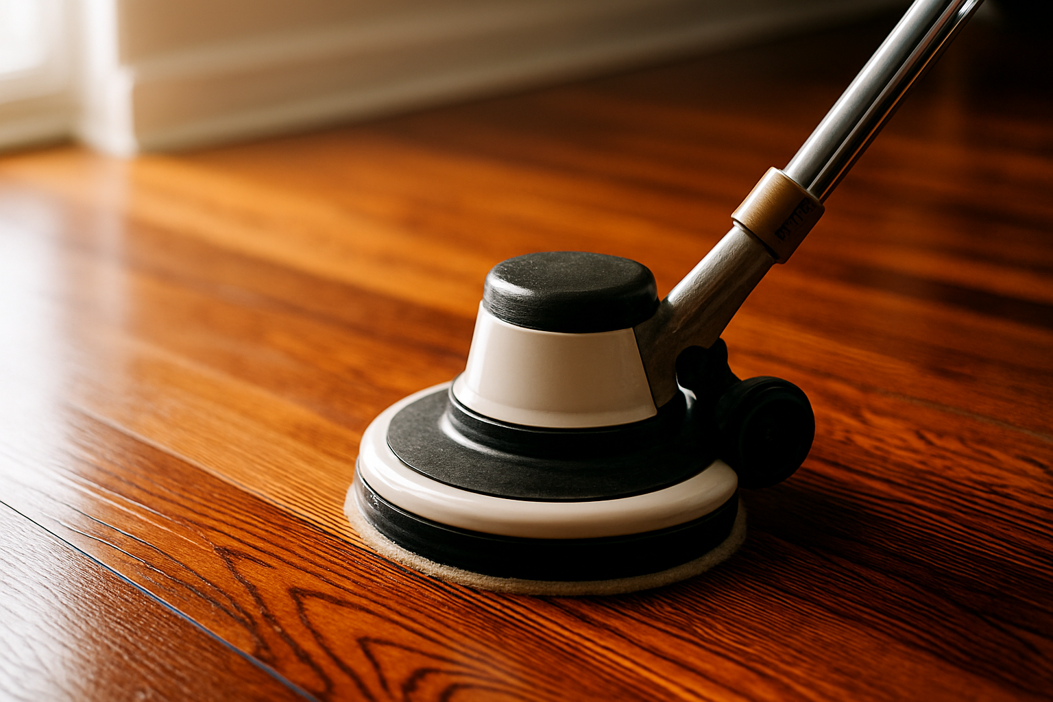 Floor polisher on a hardwood floor, buffing and shining the wood.