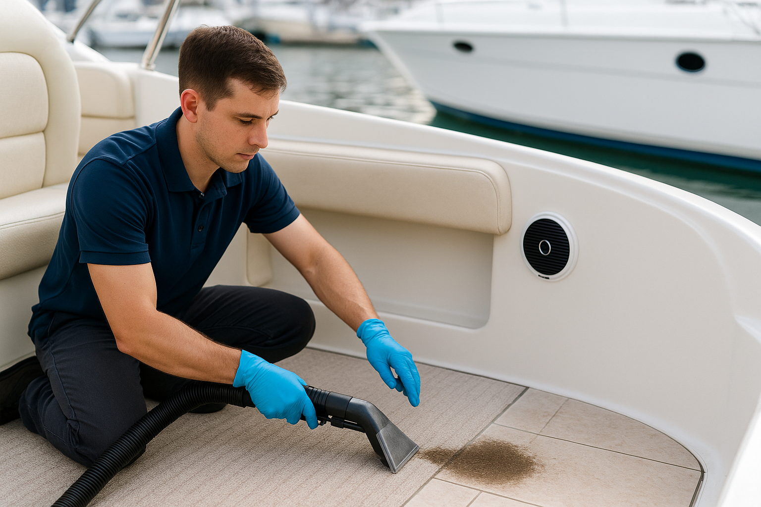 Man vacuuming boat upholstery while wearing blue gloves.