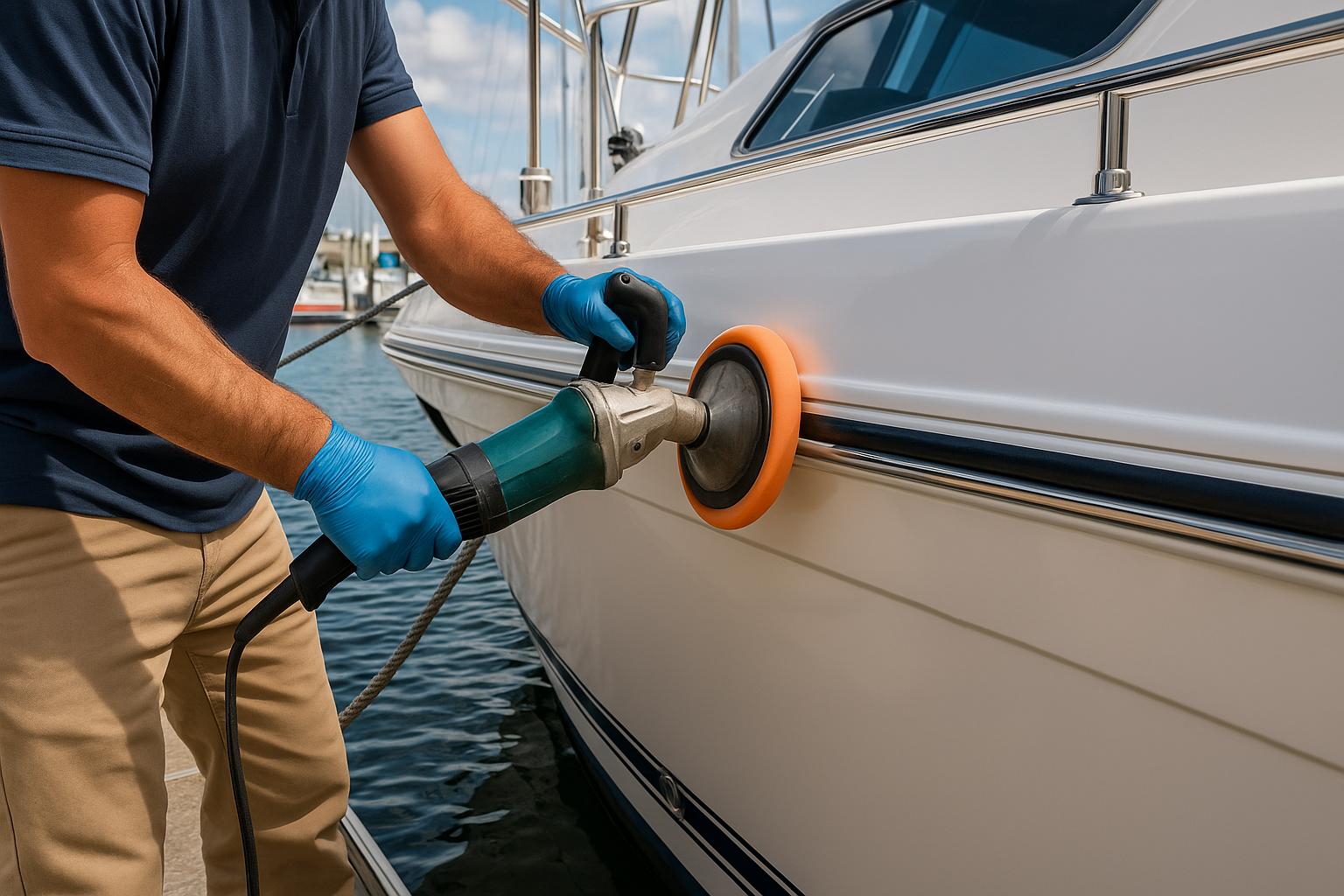 Person using a power buffer with an orange pad to polish the white hull of a boat while wearing blue gloves.