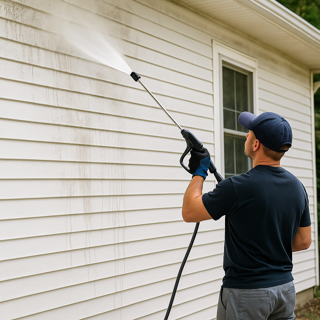 Man power washing a white siding on a house with a pressure washer.