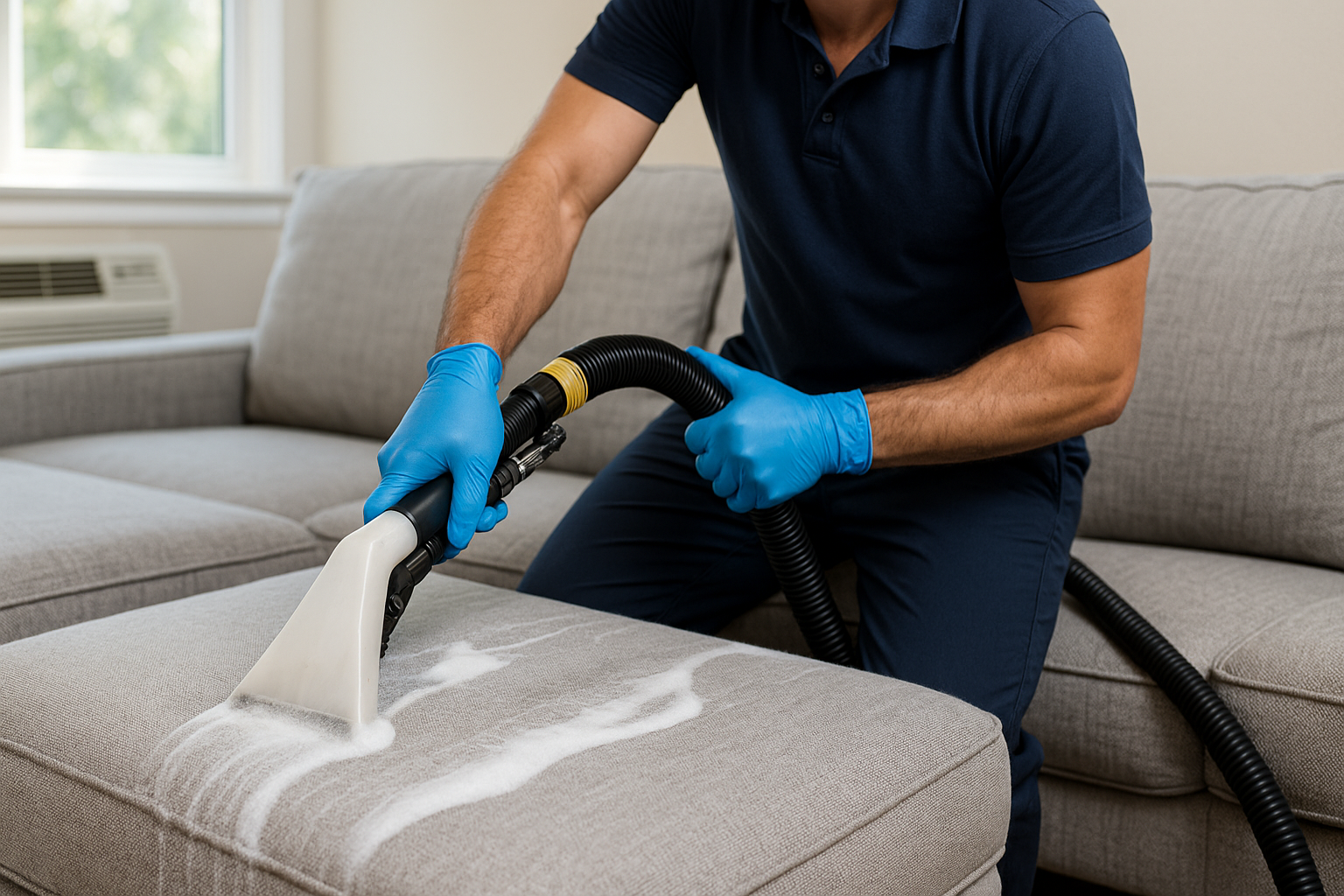 Person in blue gloves cleaning a gray couch with a steam cleaner, inside a room.