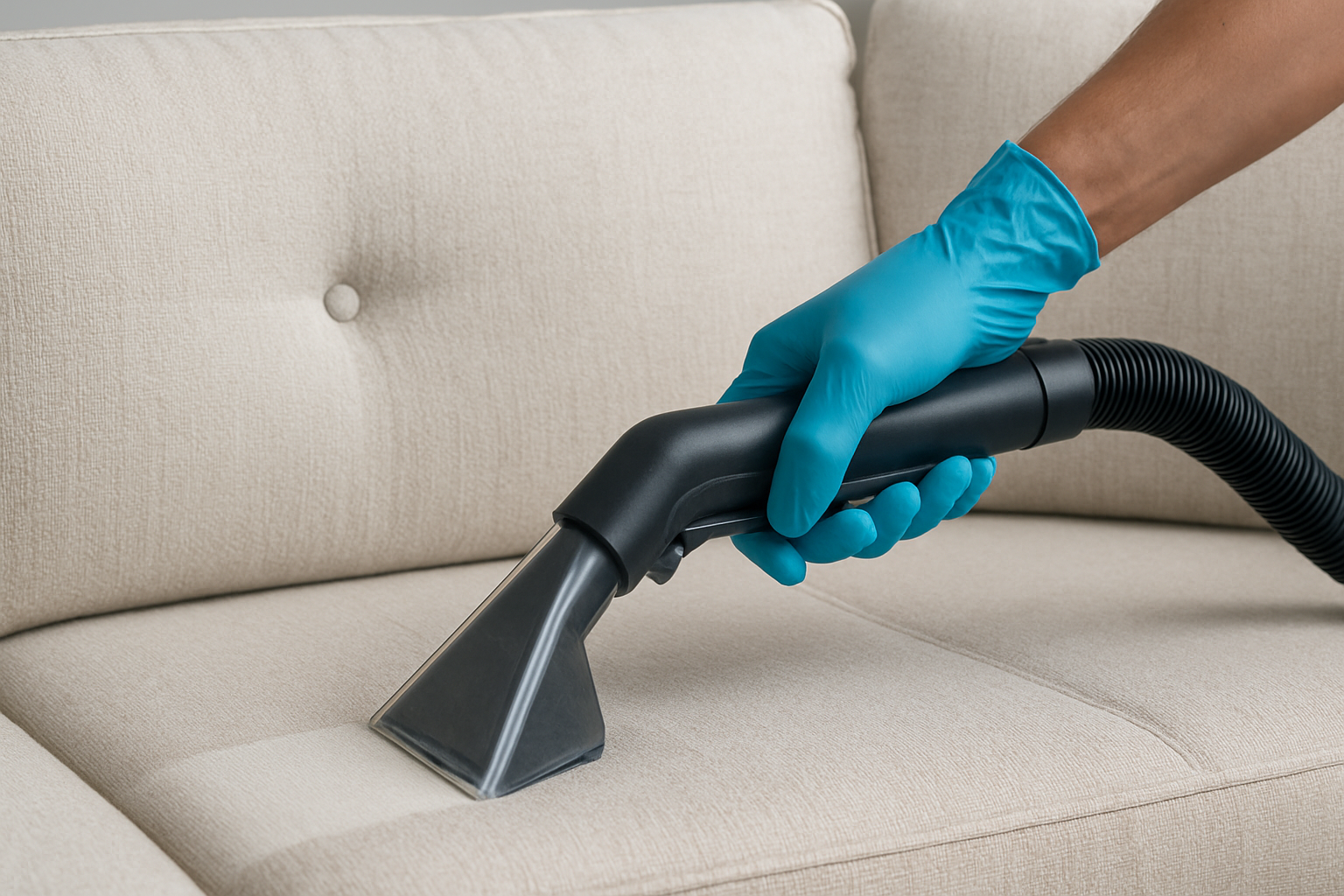 Person wearing blue gloves cleans a cream-colored couch with a black upholstery cleaner.