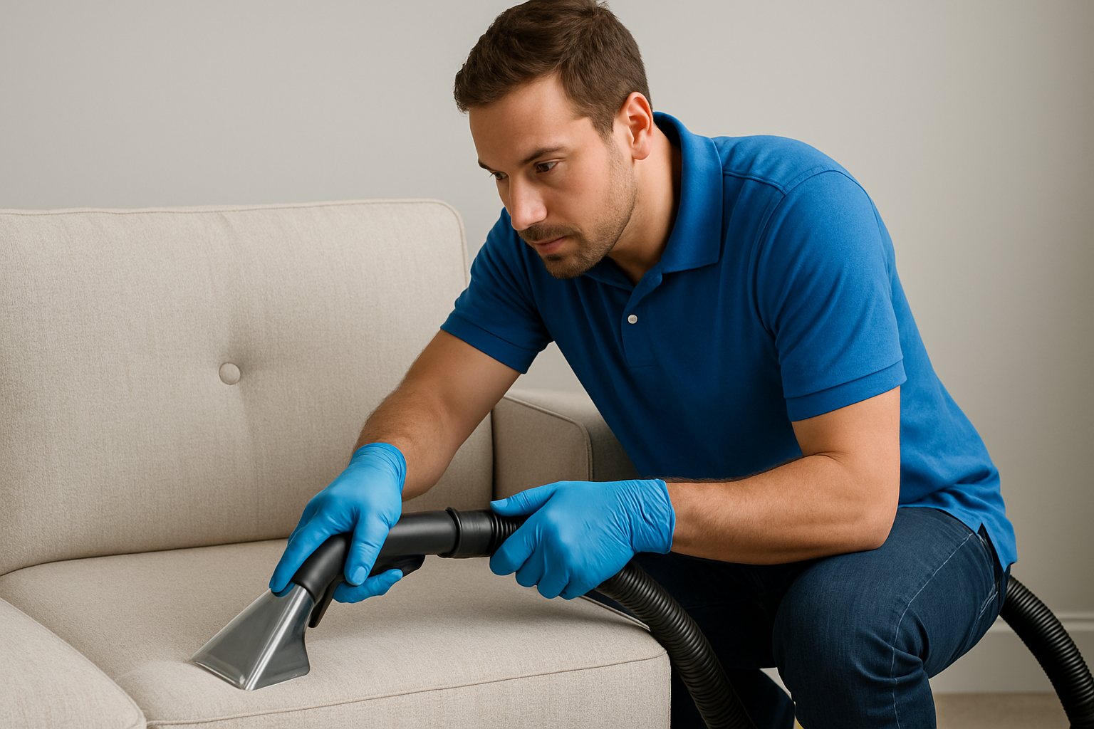 Man wearing blue gloves cleaning a beige couch with a vacuum cleaner.