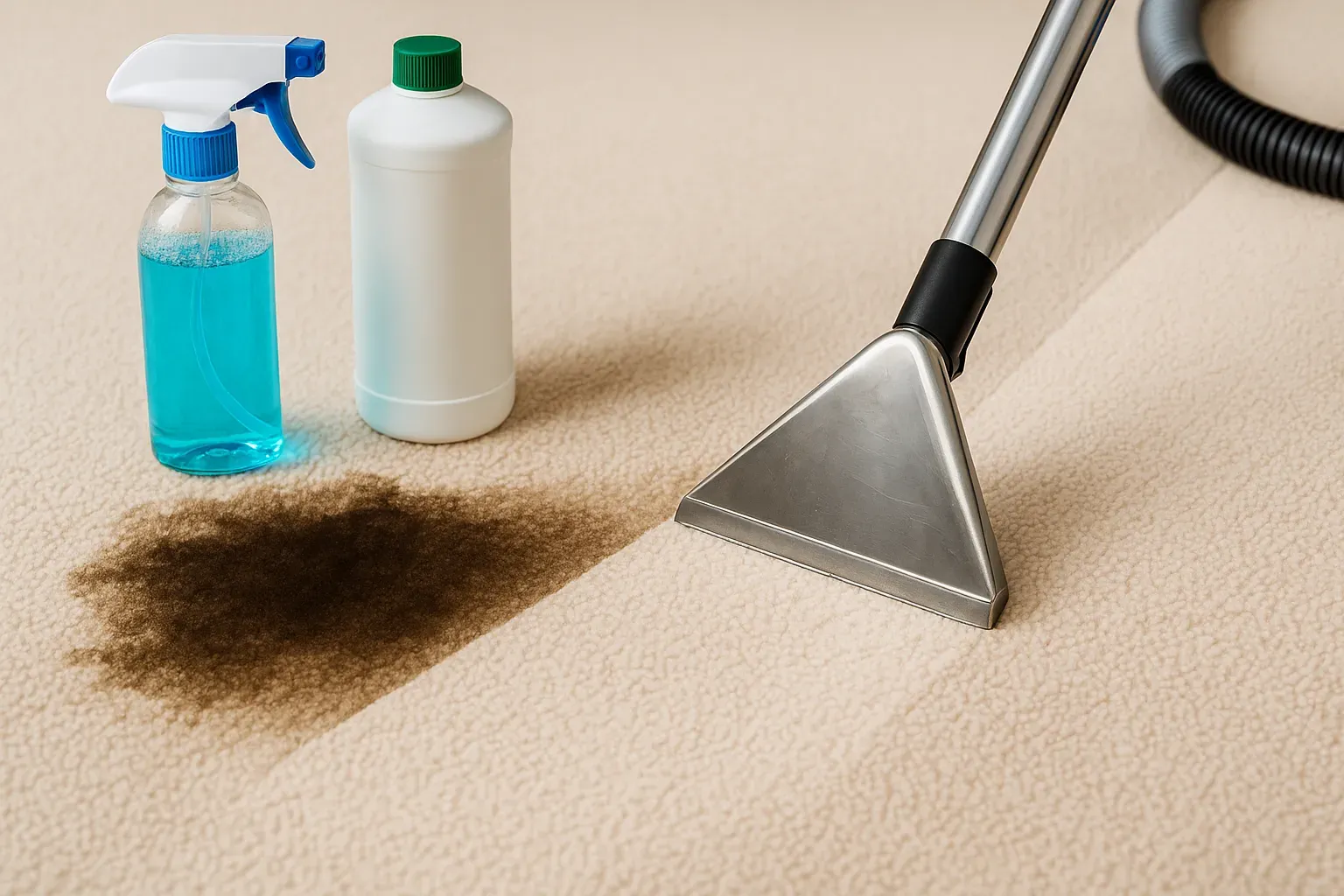 Carpet being cleaned with a machine. Brown stain, spray bottle, and cleaner bottle are present.