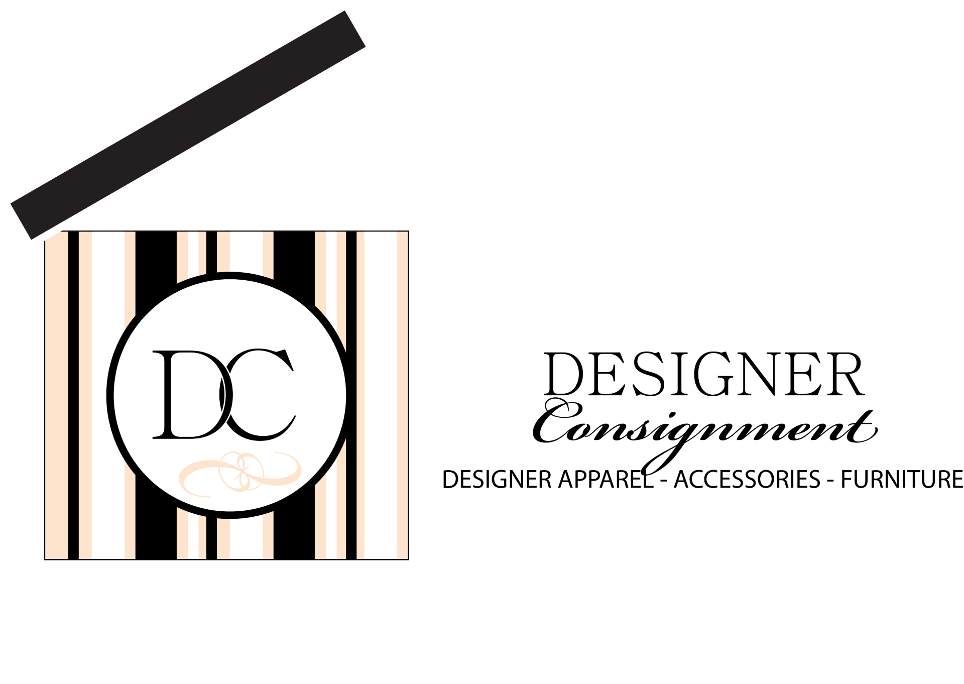 A logo for Designer Consignment featuring a black-and-white striped box, the letters "DC" in a circle, and brand text.