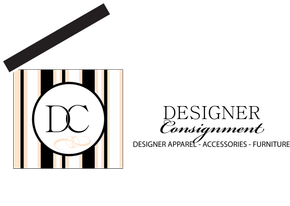 A logo for Designer Consignment featuring a black-and-white striped box, the letters "DC" in a circle, and brand text.