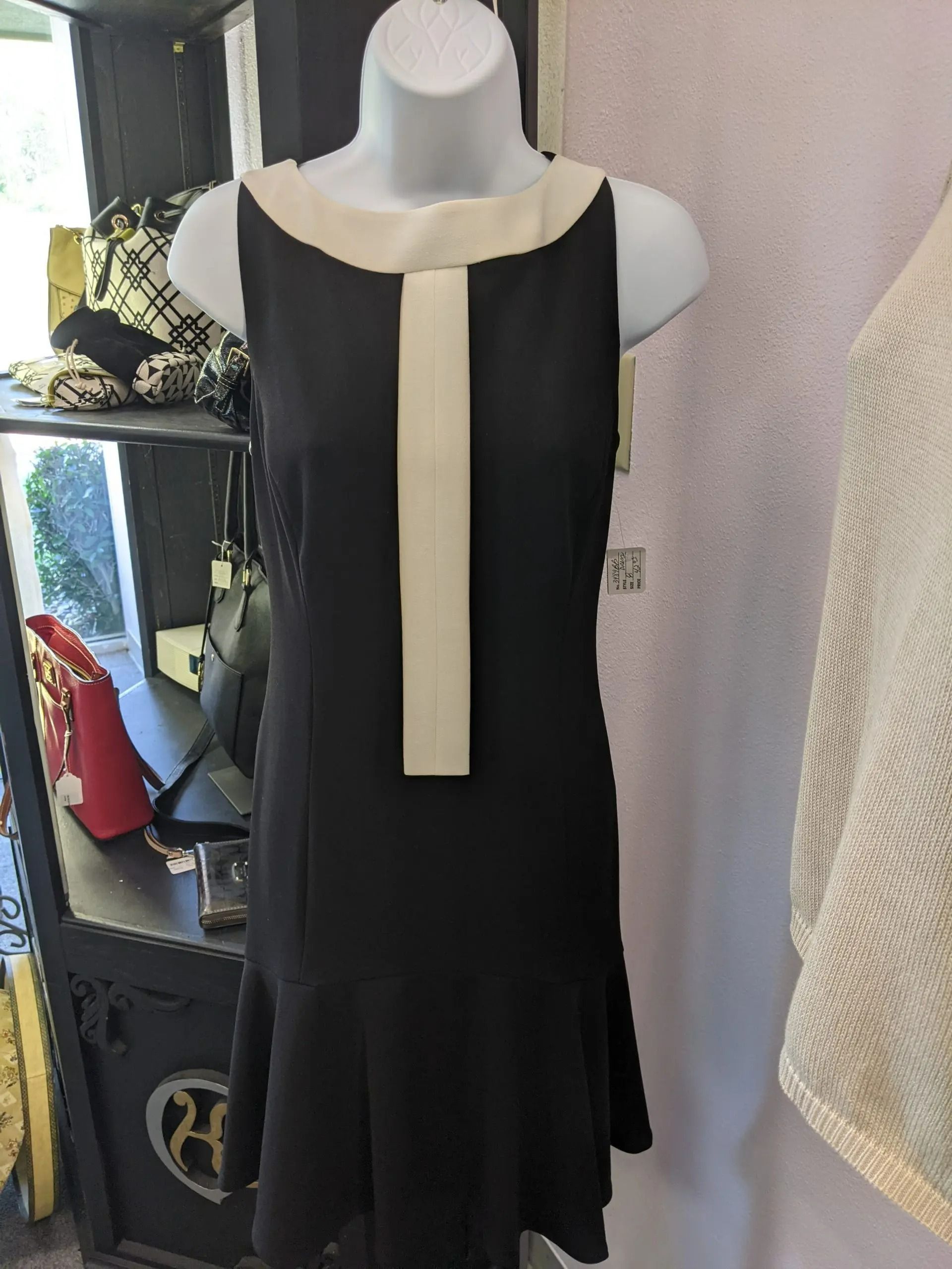 A black sleeveless dress with a cream-colored neckline and a vertical cream panel down the chest, shown on a mannequin.