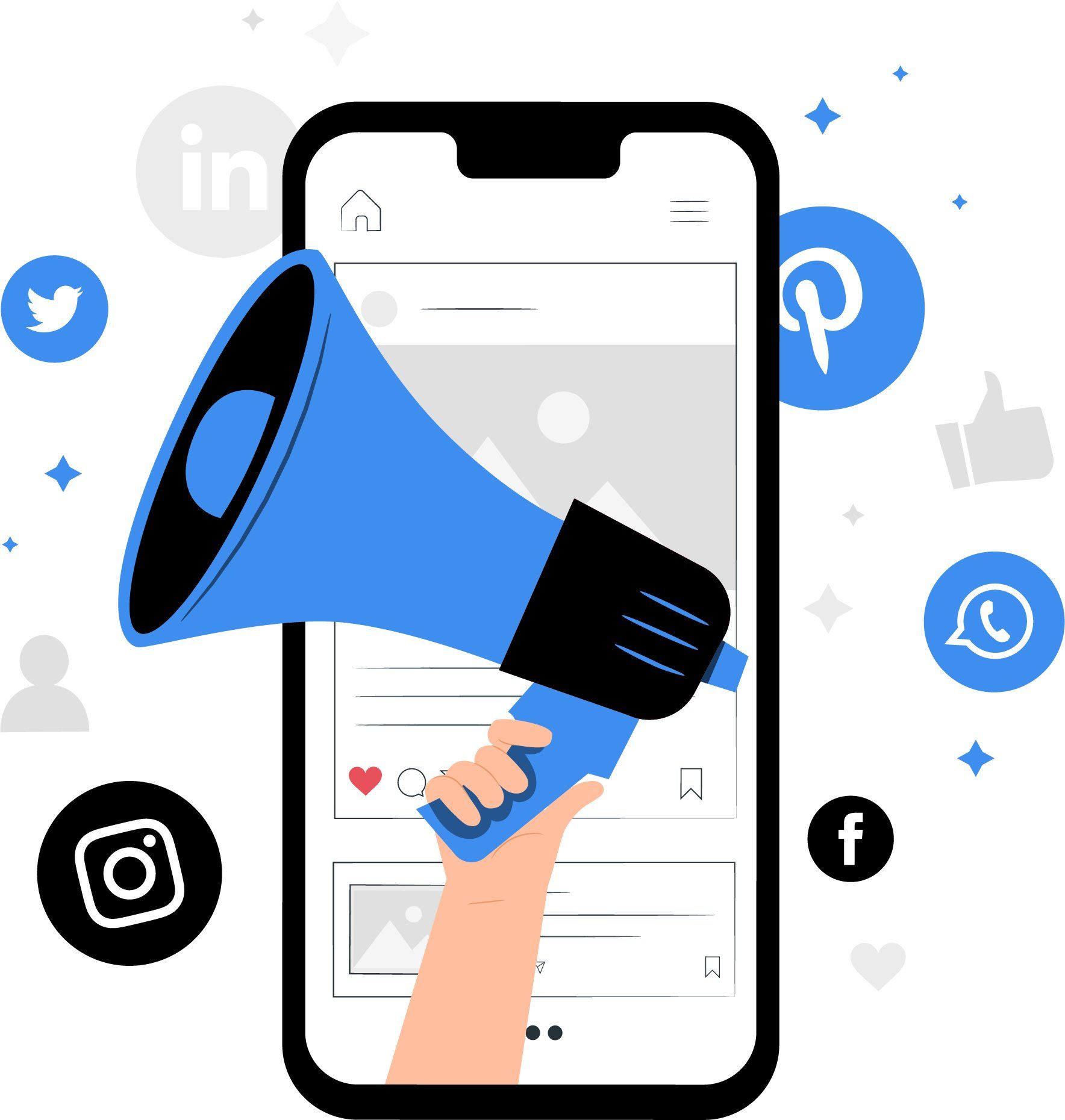 A hand is holding a megaphone in front of a cell phone.