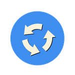 A blue circle with two white arrows in it