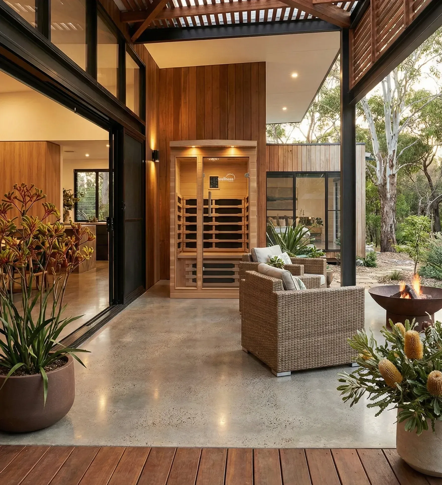 Modern Open-air Home Entryway With Wood Staircase — Just Spas Forster in Forster, NSW