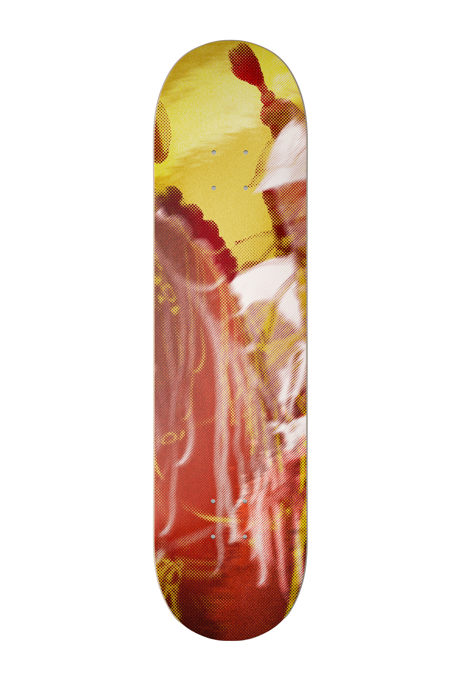 Art abstrait vertical dans les tons de rouge, d'orange et de jaune, avec un motif texturé et moucheté