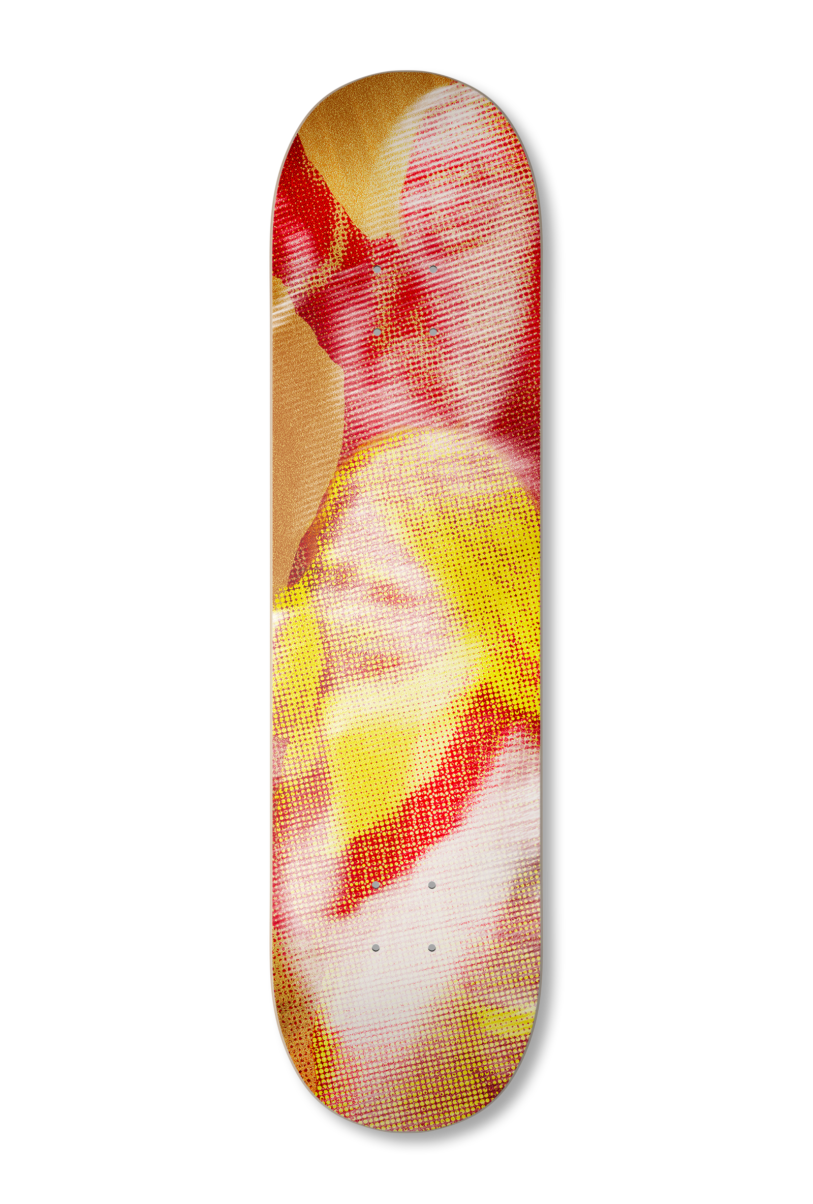 Forme abstraite verticale colorée avec des motifs rouges, jaunes et blancs sur fond blanc