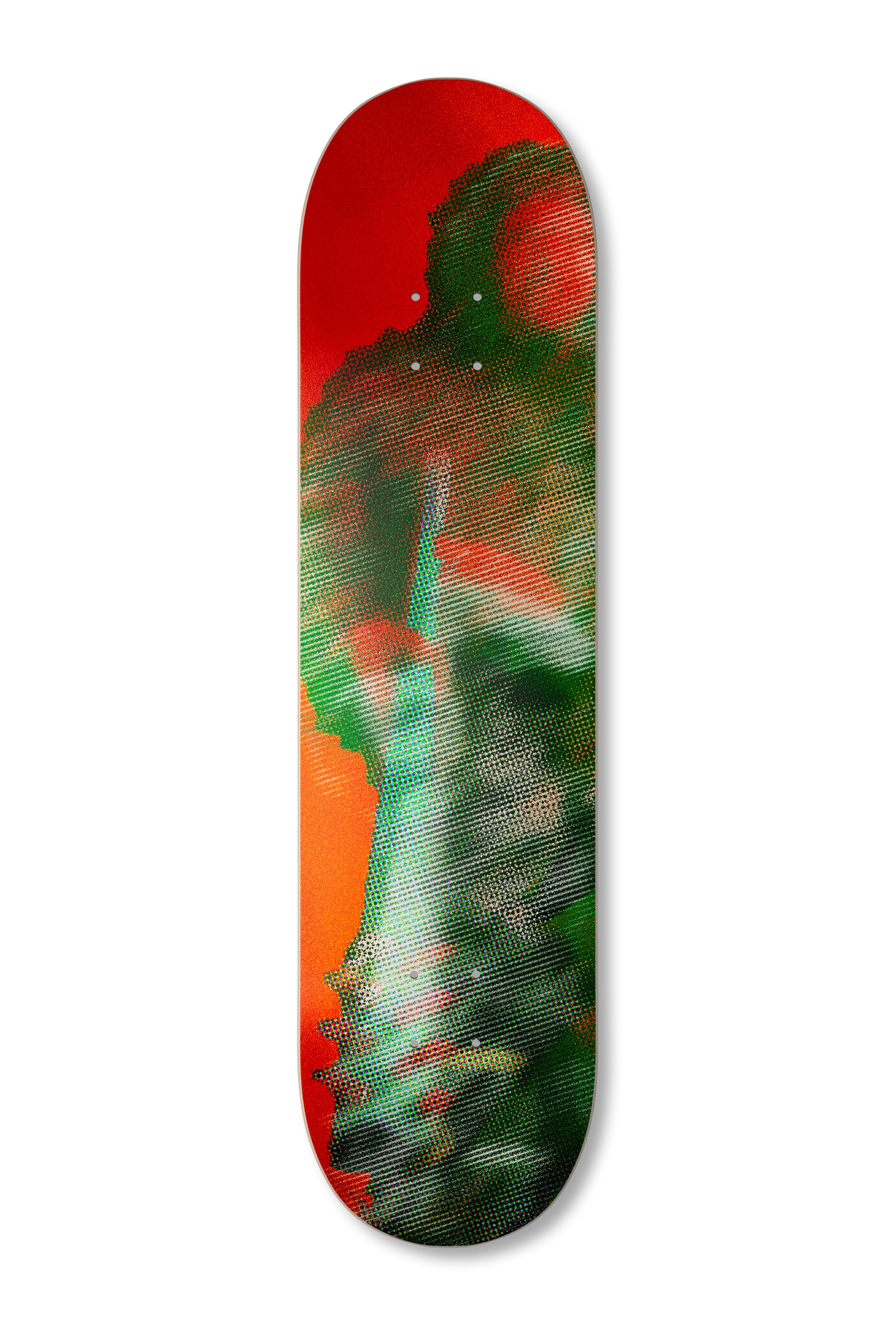 Capsule haute et arrondie, à fond rouge et à motif abstrait coloré à pois.