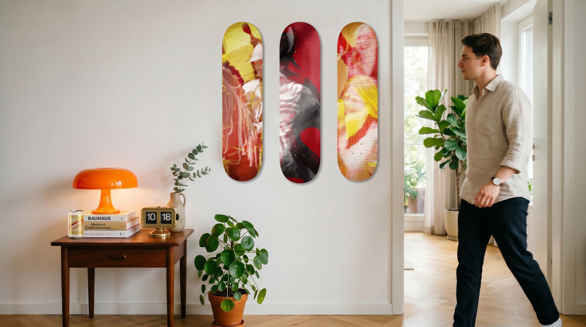 Un homme se tient debout dans un couloir lumineux, près d'une œuvre d'art murale colorée et d'une petite table surmontée d'une lampe orange.