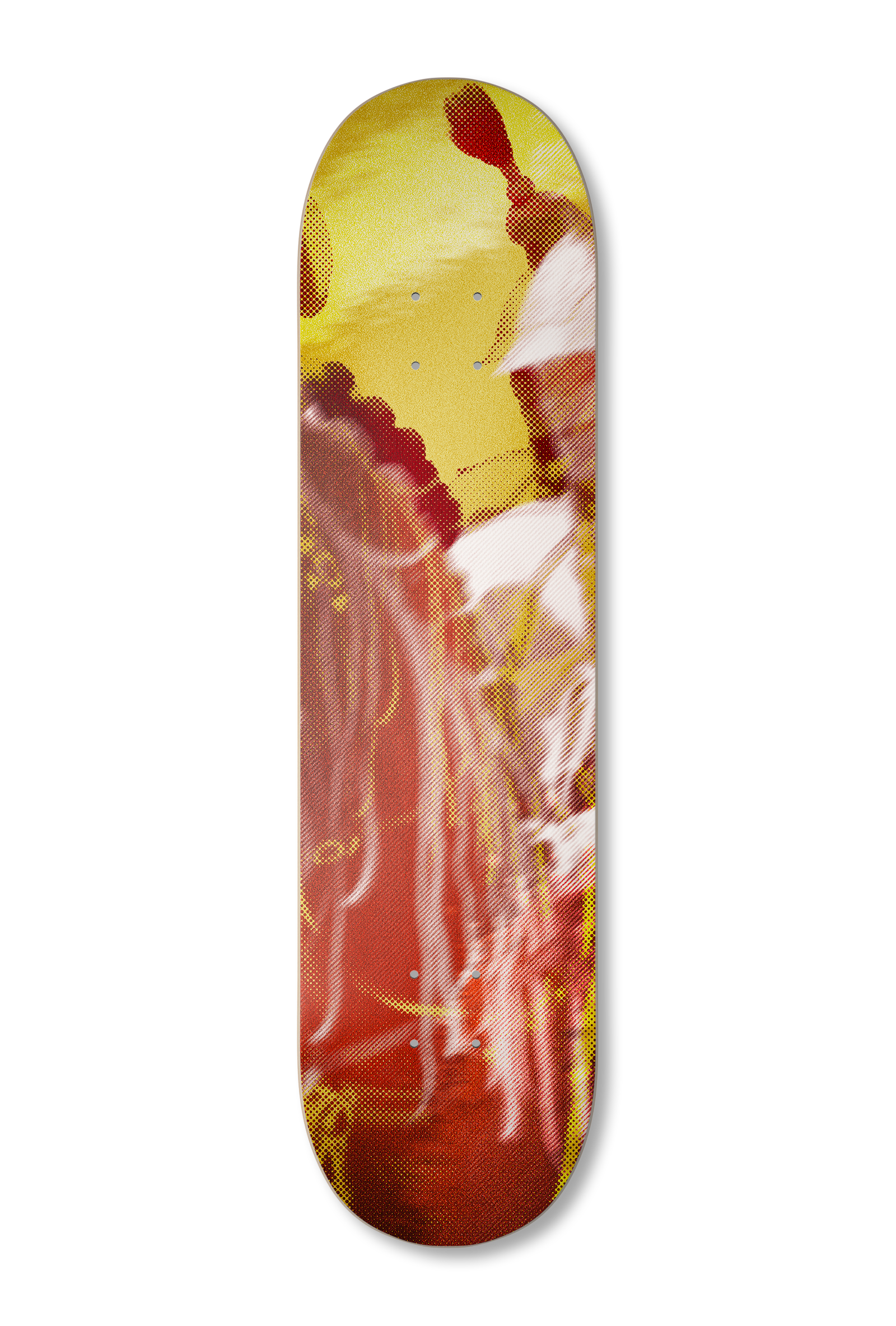 Motif ovale vertical texturé, abstrait, rouge et jaune, avec des stries blanches