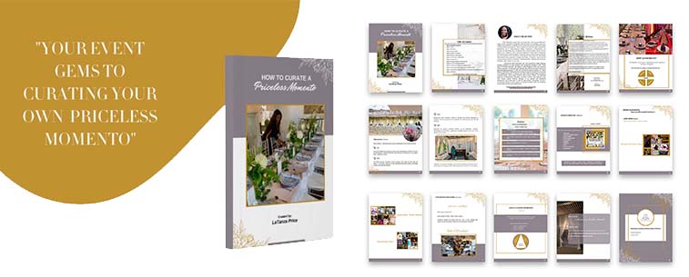 Book with sample event pages, gold and white design with the text