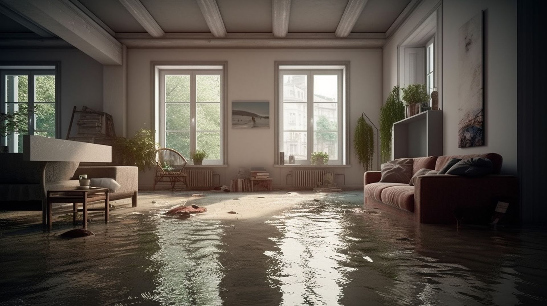 Flooded living room with sunlight, chairs, sofa, and water reflecting the windows
