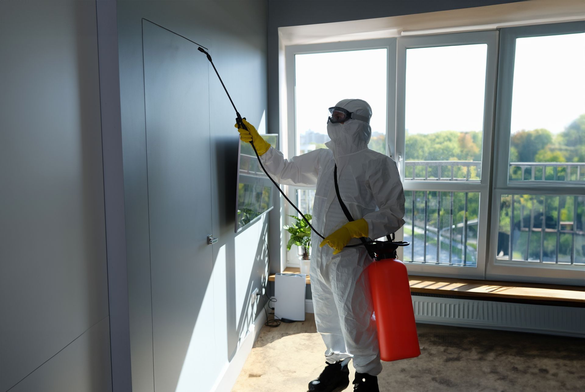 Worker in white protective suit spraying a wall indoors with a red sprayer tank.
