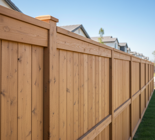 Wooden privacy fence, stained brown, in a sunny outdoor setting with houses in the background.