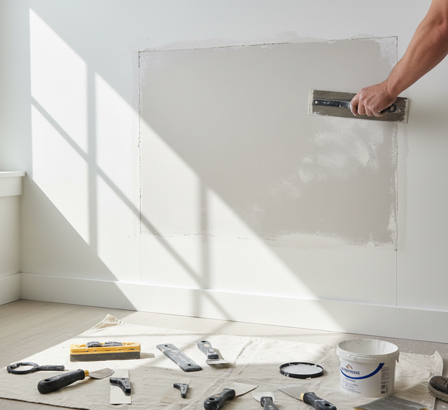 Person using a trowel to apply drywall compound to a wall. Tools and bucket on floor.