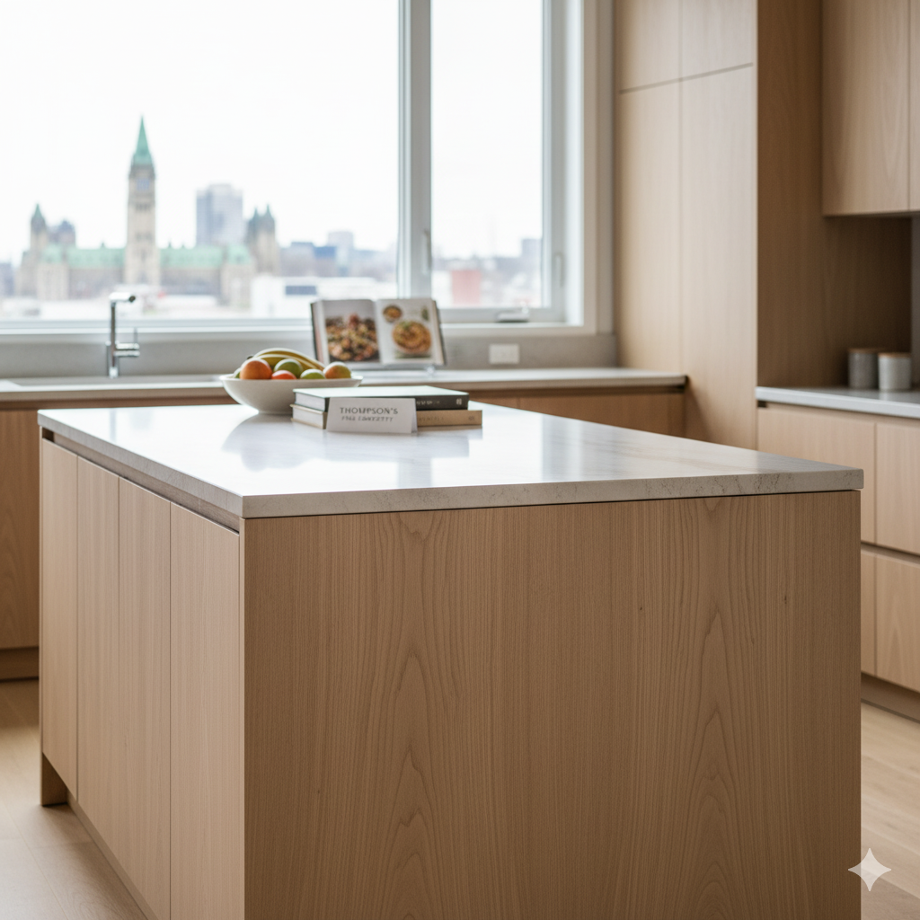 Modern kitchen with light wood cabinetry, white countertops, and an island; fruit and cookbook on the island.