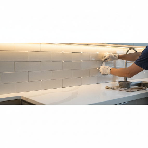 Person tiling a backsplash with white subway tiles above a countertop.