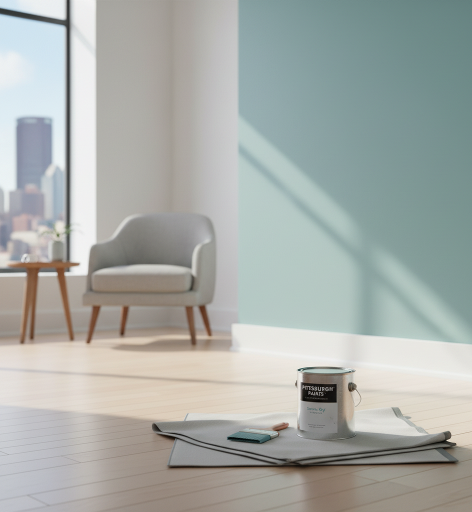 Room with a light teal wall, paint can, chair, small table, and city view through the window.
