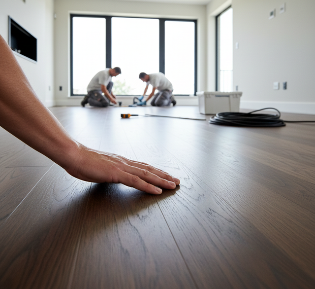 Hand touching newly installed dark wood flooring, with two workers in the background.