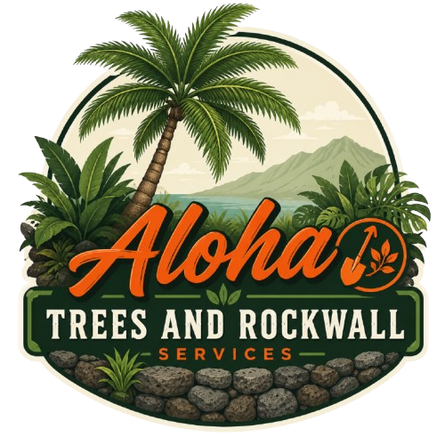 Aloha Trees and Rockwall Services logo with palm tree, green mountains, and orange script text on a stone base