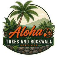 Aloha Trees and Rockwall Services logo with palm tree, green mountains, and orange script text on a stone base