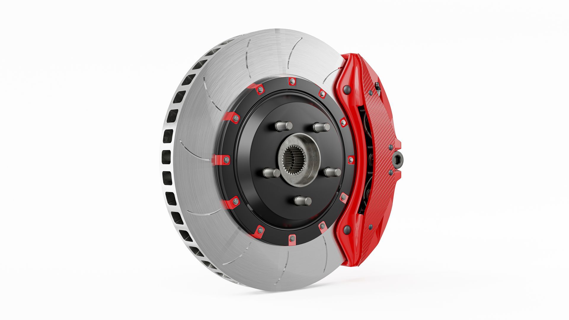Car brake disc with red caliper, silver rotor, and black hub.