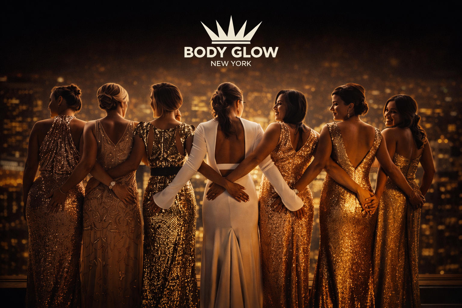 Group of women in formal wear with city lights in background, ad for Body Glow New York.