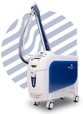 A blue and white machine with wheels is sitting in front of a striped background.